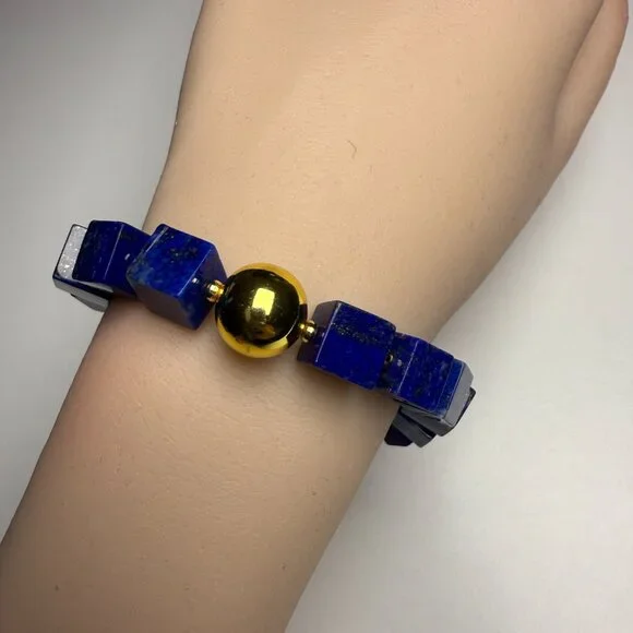 Modern Lapis Lazuli Cube Bracelet + Earrings Set - Picture 9 of 9